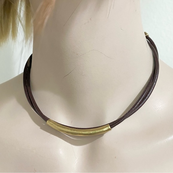 LUCKY BRAND Dark Brown Double Leather With Gold Bar Choker Necklace - Picture 2 of 9